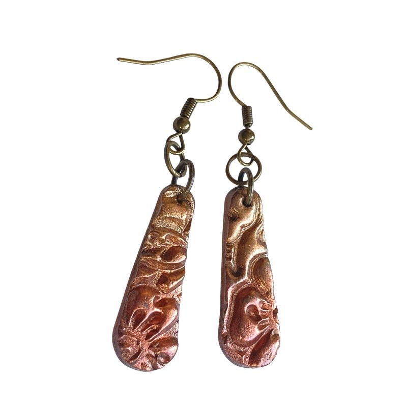 copper and gold colored polymer clay floral earrings