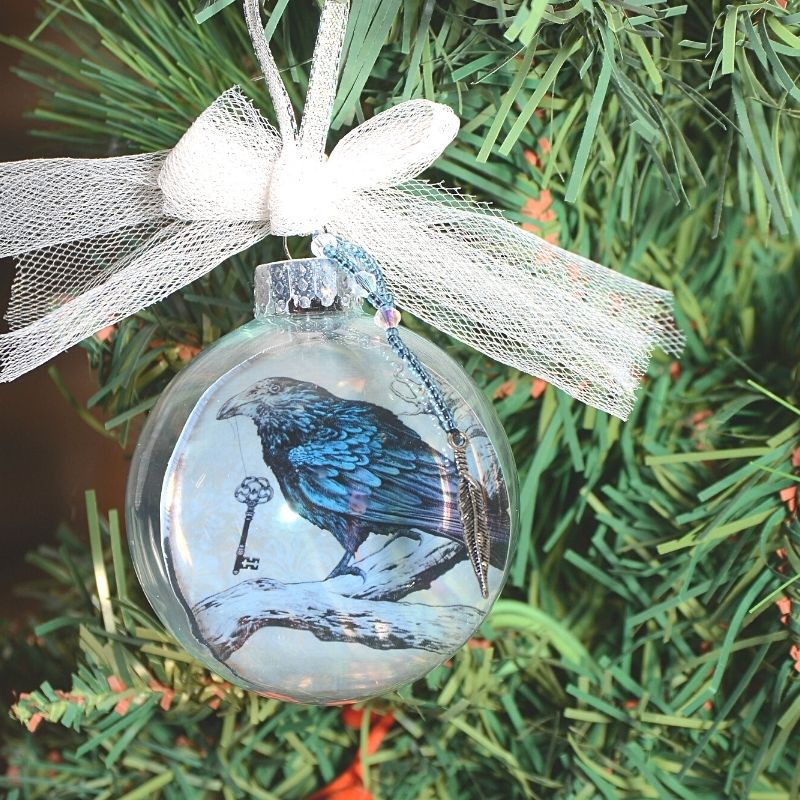crow tree ornament with feather charm