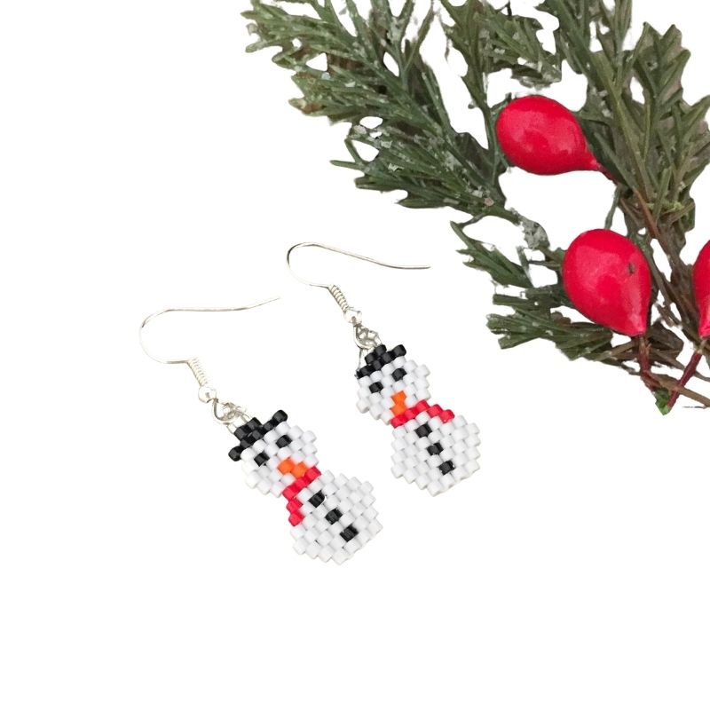 cute snowmen seed bead earrings with black hat, red scart and black buttons