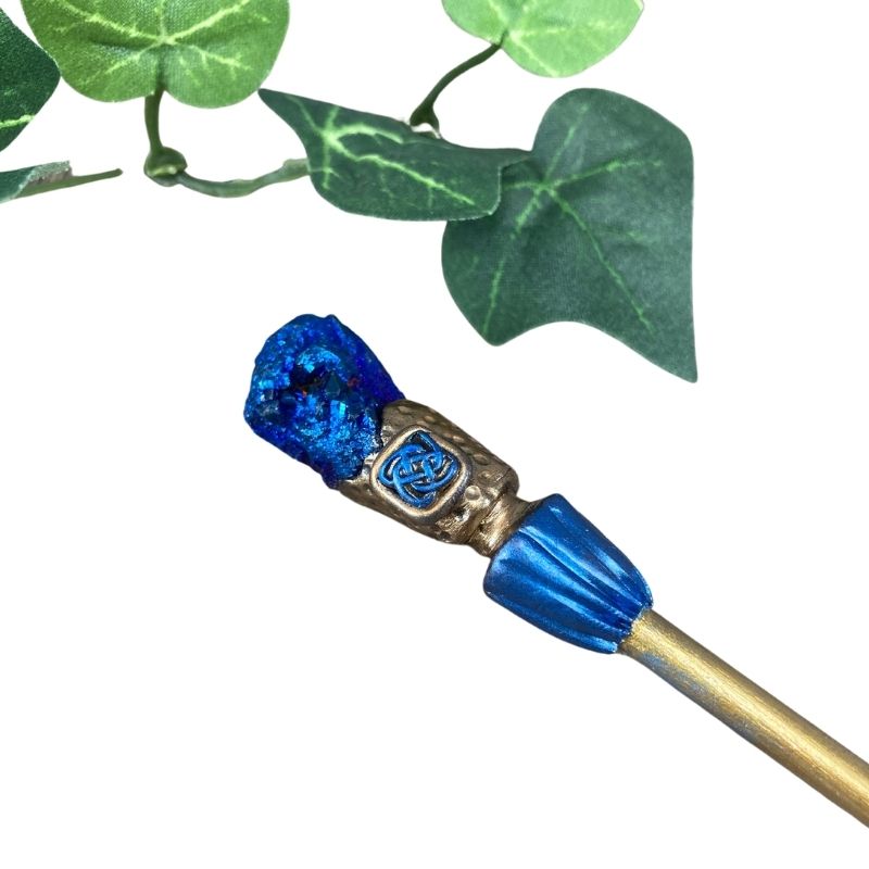 Blue Druzy agate crystal hair stick with Blue and gold Celtic Knot design