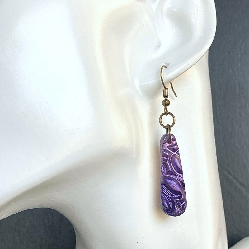 polymer clay floral dangle purple earrings