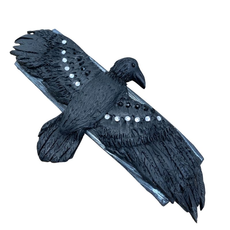 flying crow hair pin made with clay with clear crystals on wings