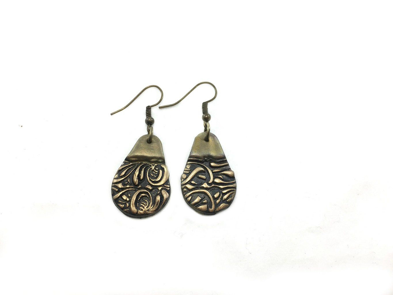 gold and black modern unique teardrop clay earings