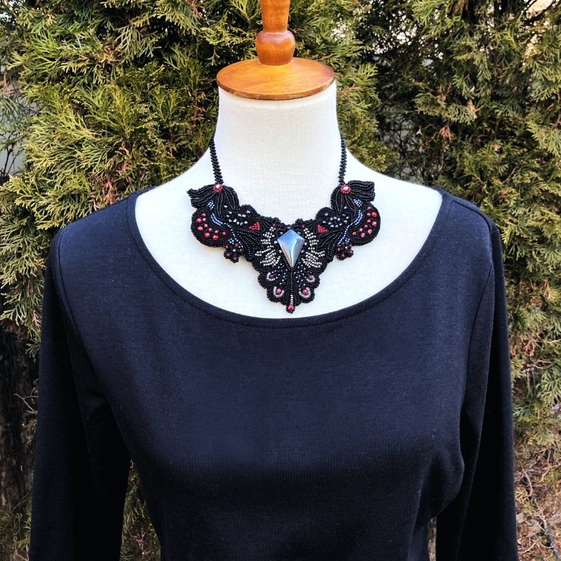 large black gothic collar necklace with bead embroidery