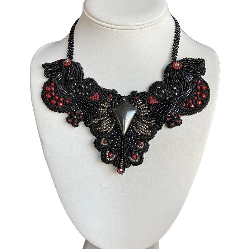 Bead embroidered lace applique gothic lace choker in black, silver and red beads