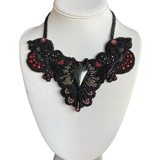 Bead embroidered lace applique gothic lace choker in black, silver and red beads