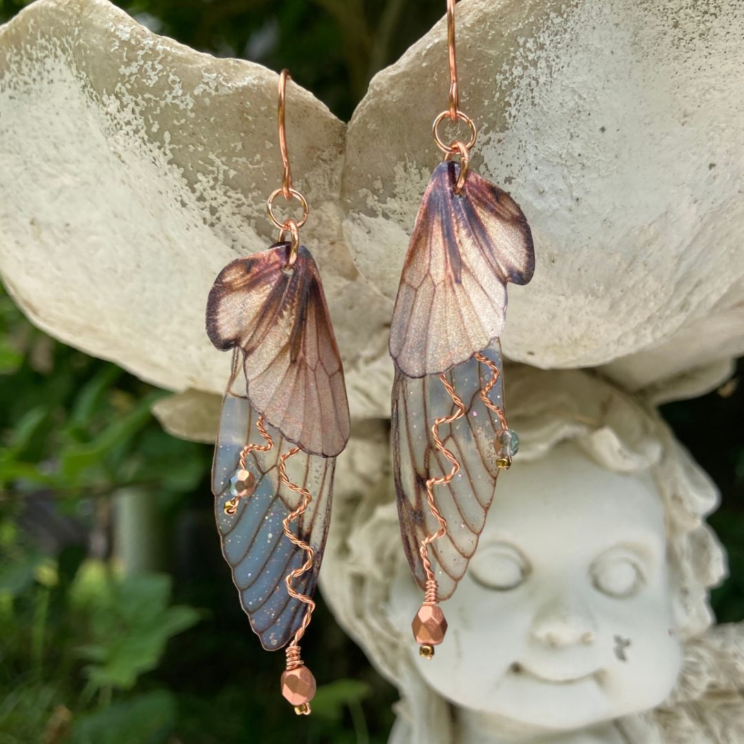 Brown translucent butterfly wings earrings with copper wired crystals and copper ear wires