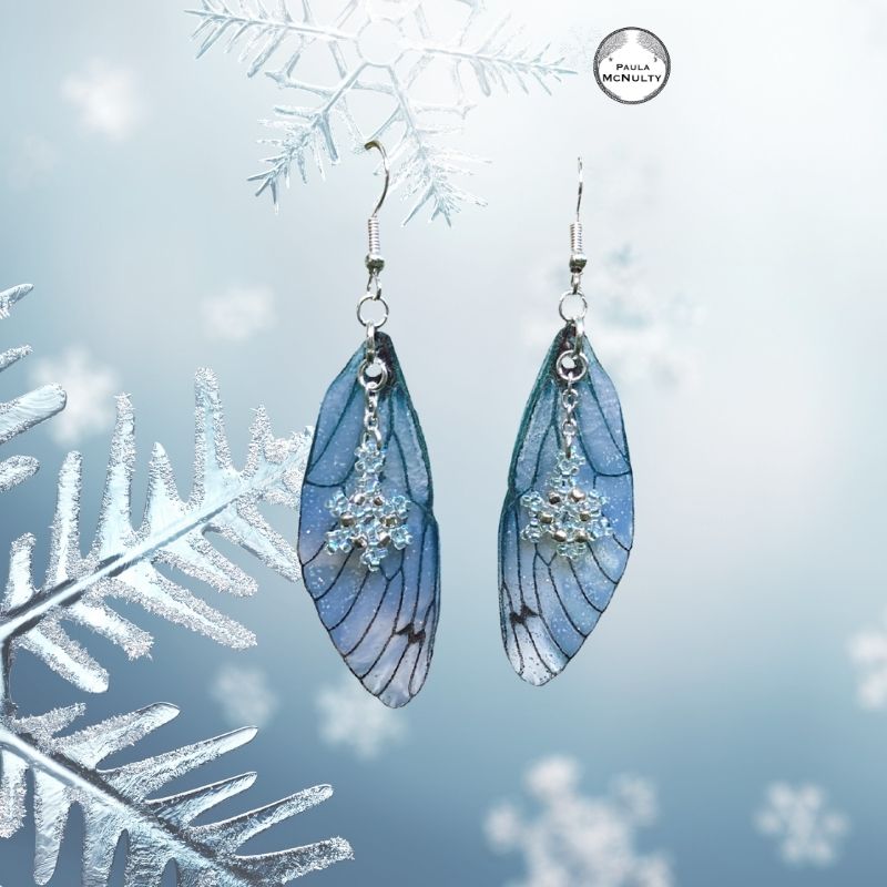 Blue Ice fairy wing earrings with beaded snowflake charms