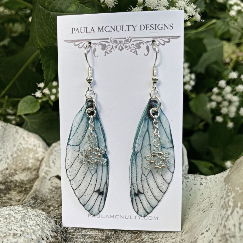 ice queen cosplay Blue Ice fairy wing earrings with beaded snowflake charms