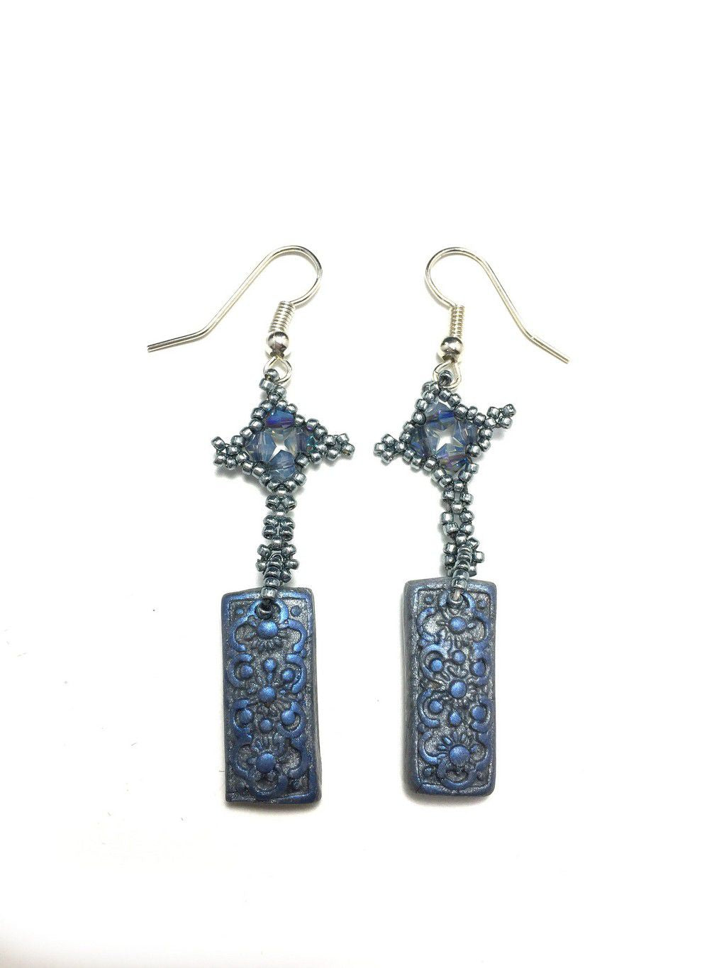 Pewter and ice blue clay rectangular dangle earrings with beaded cross