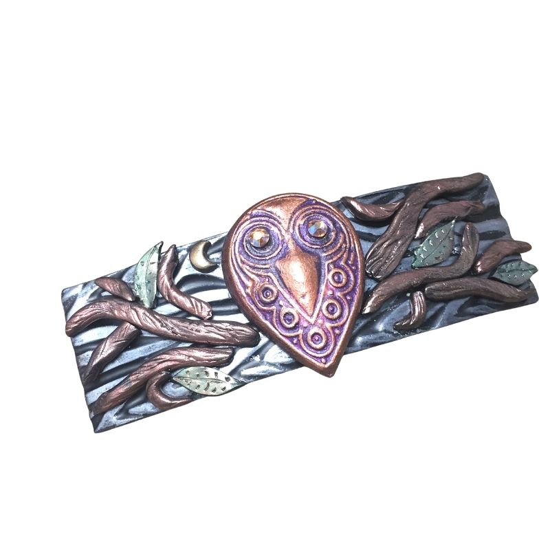 Little owl in tree hair clip