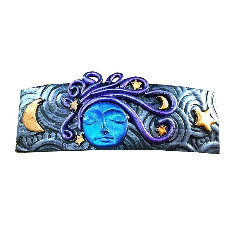 luna goddess with blue sleeping face, purple hair and gold moon and stars