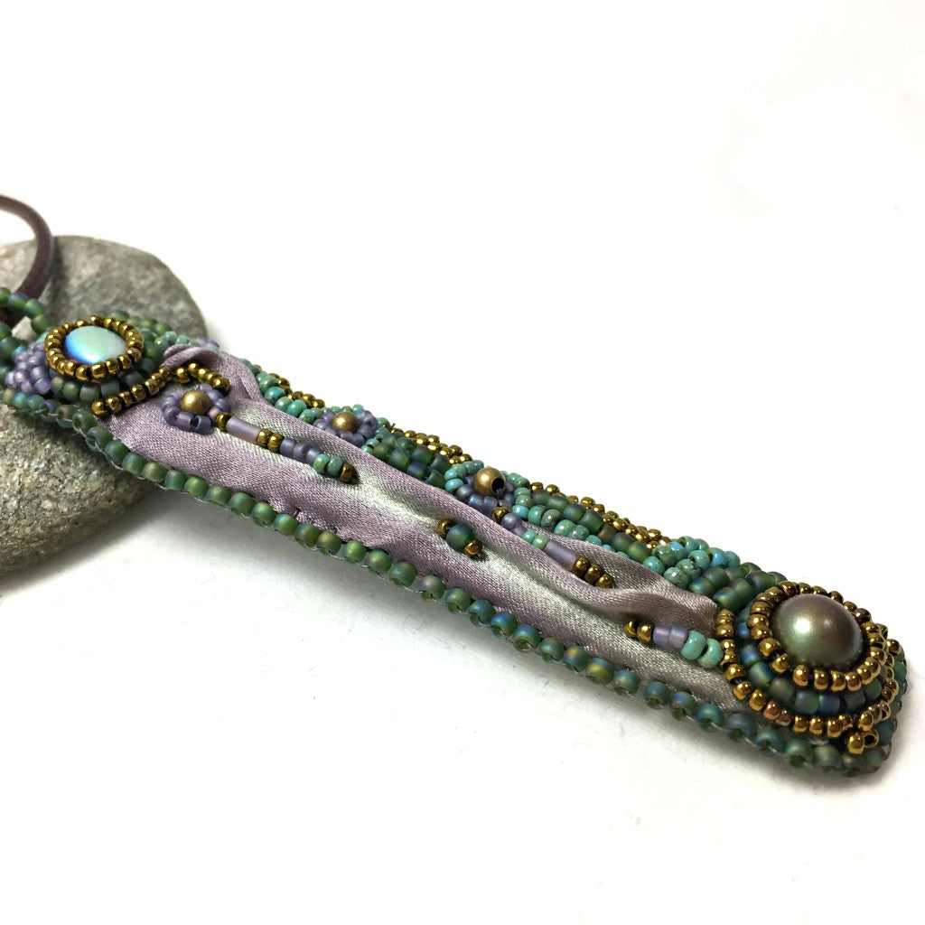 mauve and green long silk pendant side shot