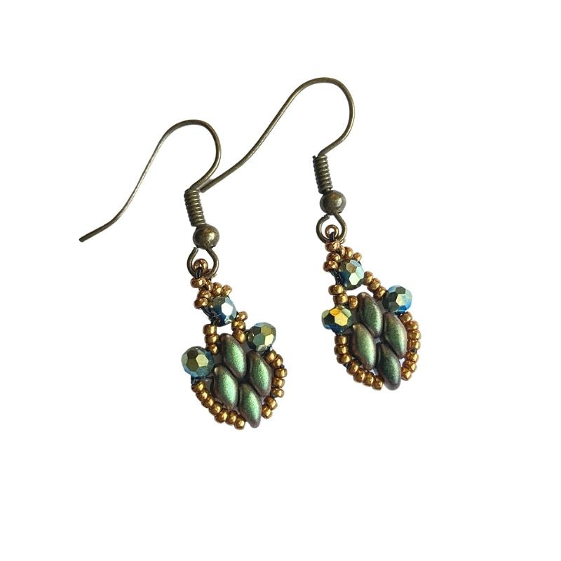 metallic green superduo bead drop earrings in metallic green