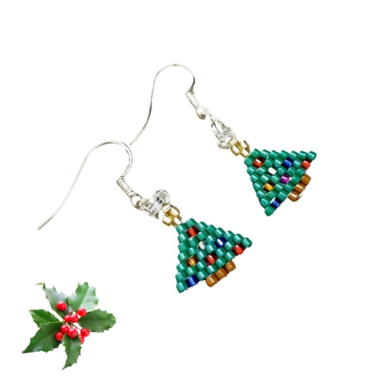 Seed bead mini Christmas tree earrings