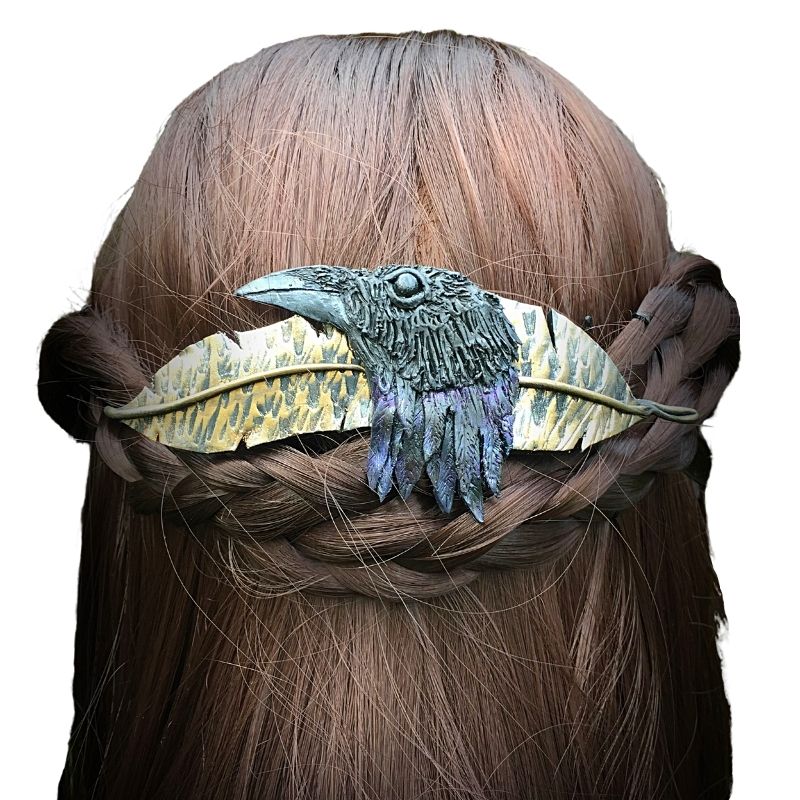 Go;d and slilver feather barrette with morrigan crow