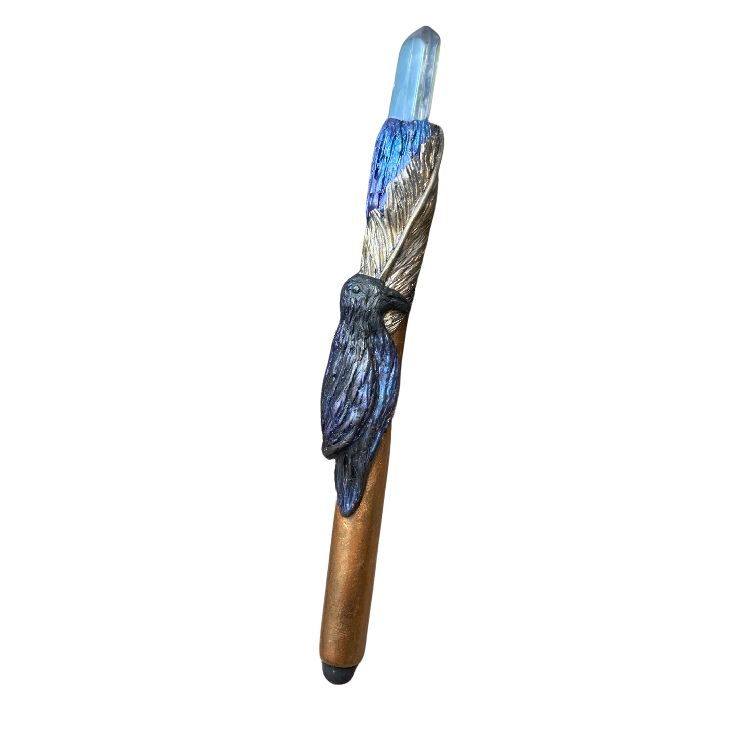 raven bird with fold feather and raw blue crystal phone stylus