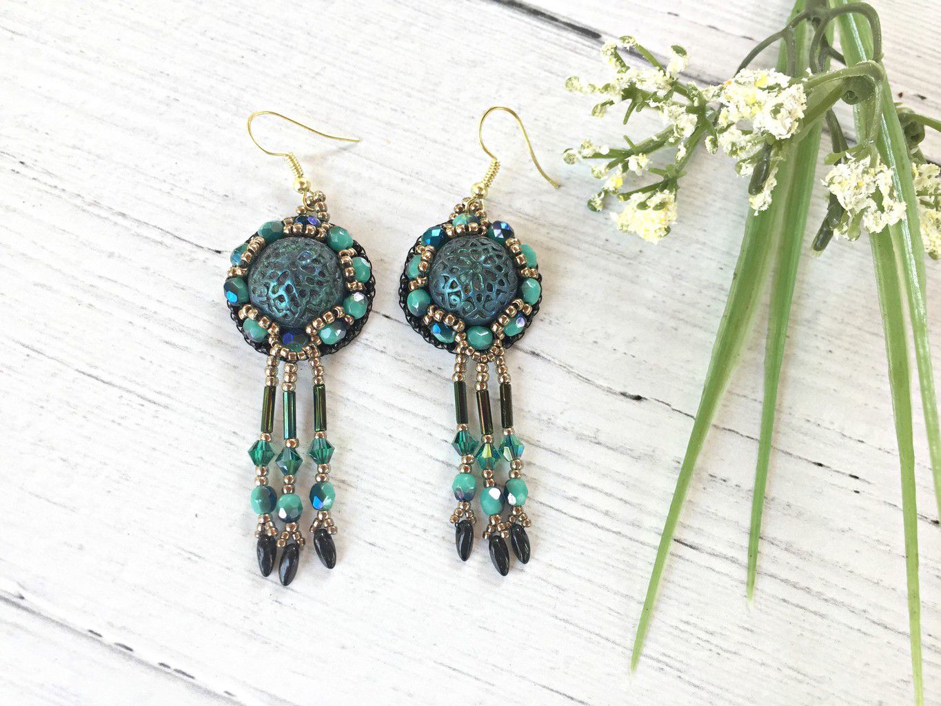 Hemisphere blue and turqoise beaded earrings with triple dangle fringe