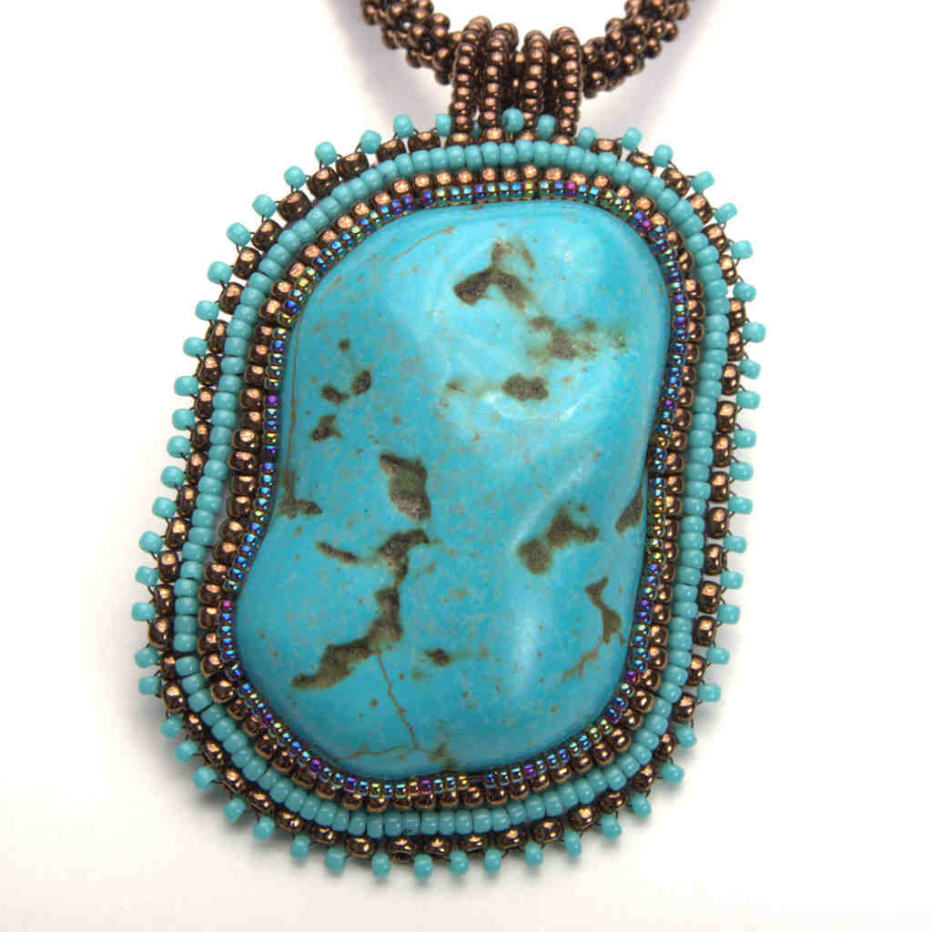 natural turquoise beaded blue shiny rock necklace bronze pendant