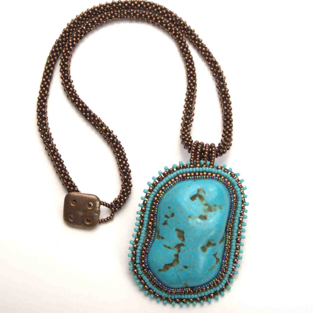 natural turquoise beaded blue shiny rock necklace bronze pendant