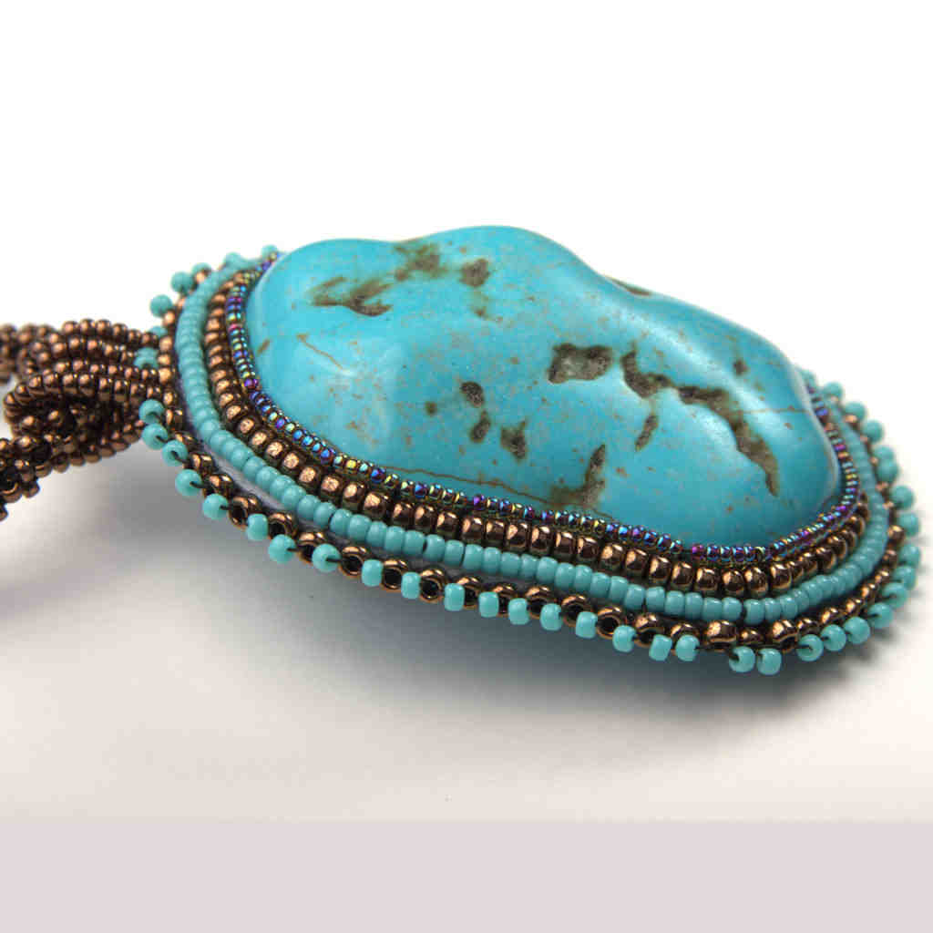 natural turquoise beaded blue shiny rock necklace bronze pendant