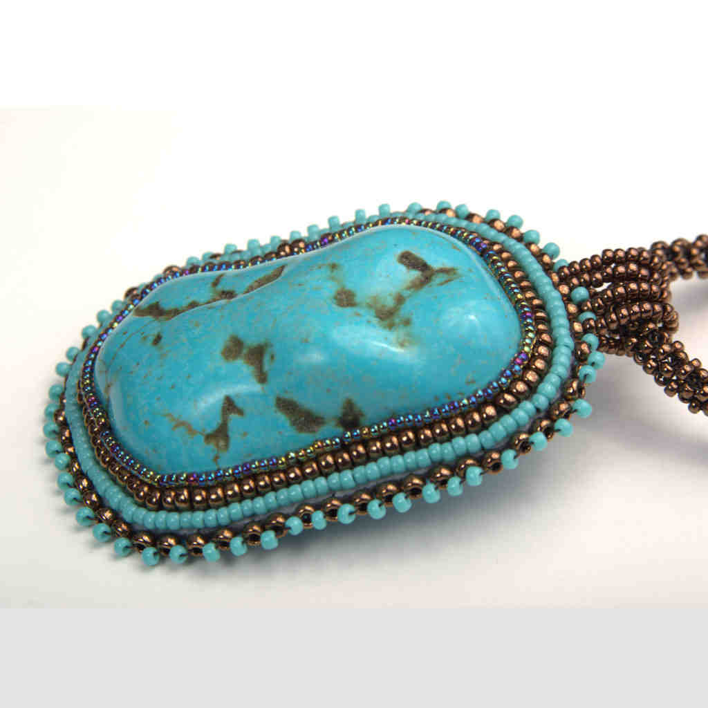 natural turquoise beaded blue shiny rock necklace bronze pendant