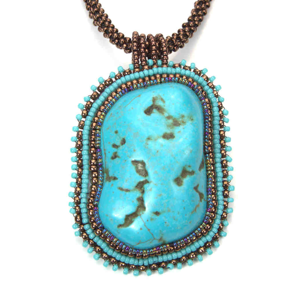 natural turquoise beaded blue shiny rock necklace bronze pendant