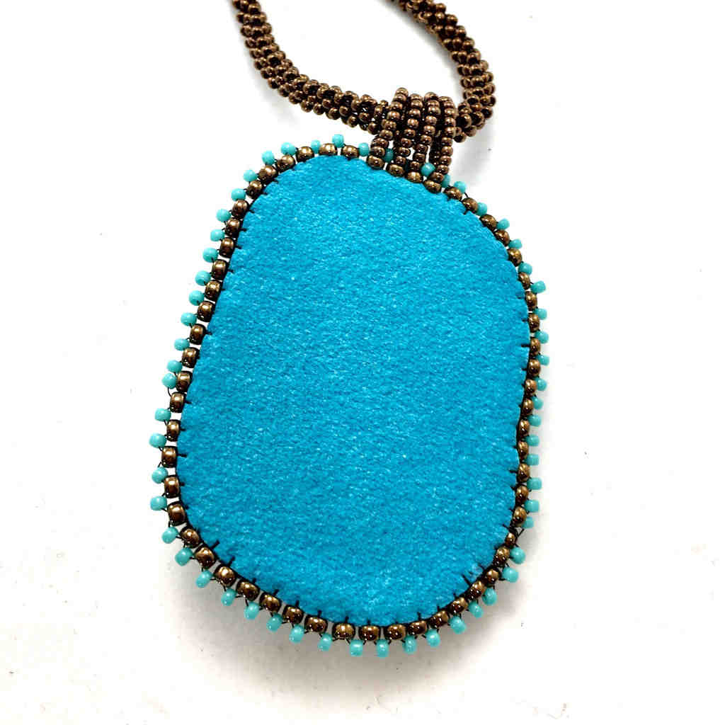 natural turquoise beaded blue shiny rock necklace bronze pendant