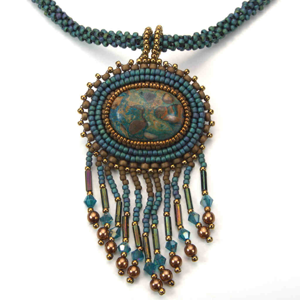oval jasper fringe beaded art blue green necklace