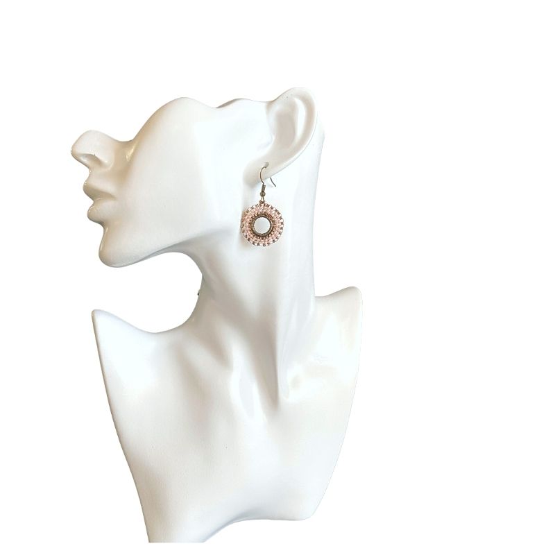 peach seed bead and gold beaded hoop earrings