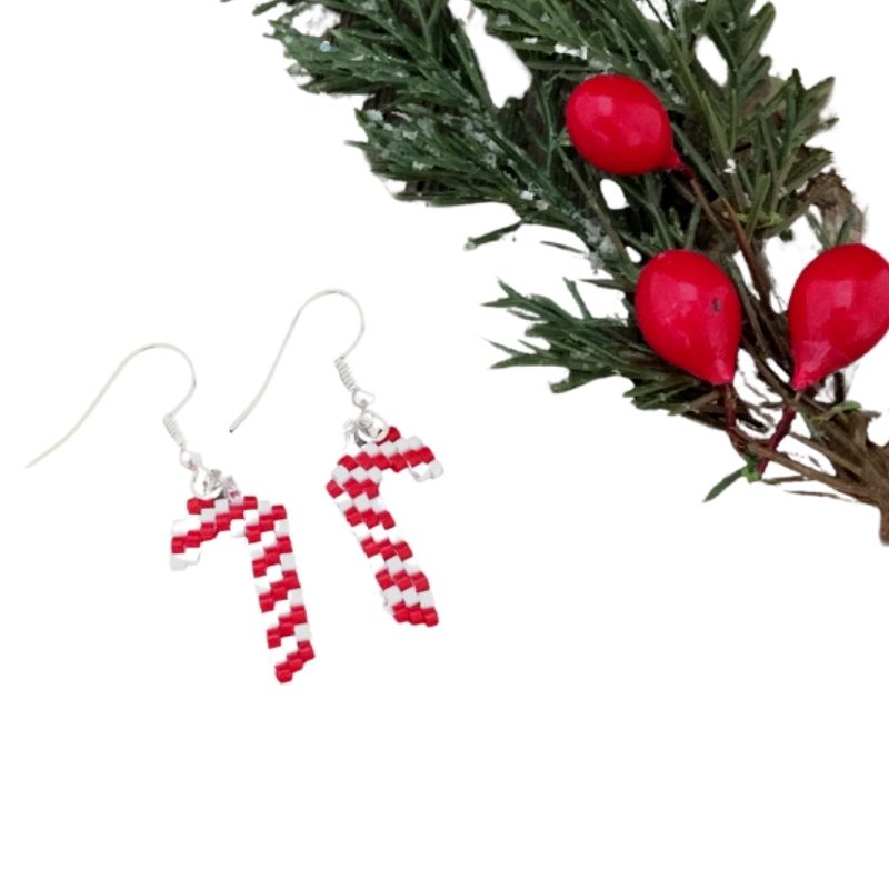 red and white seed bead peppermint stick earrings