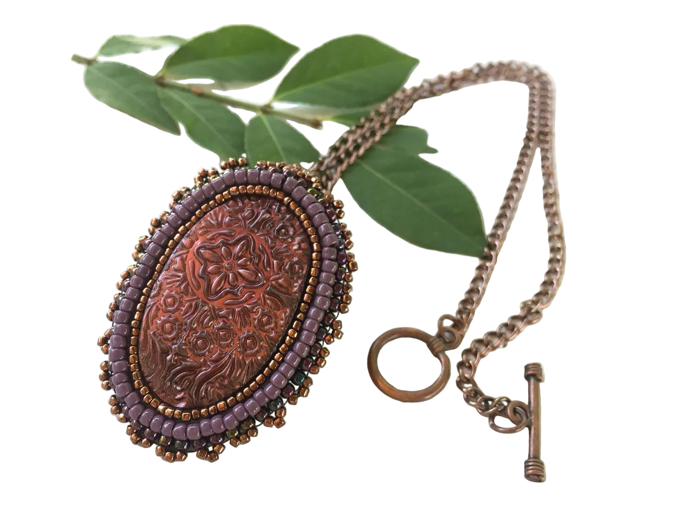 Pink medieval floral necklace detail shot