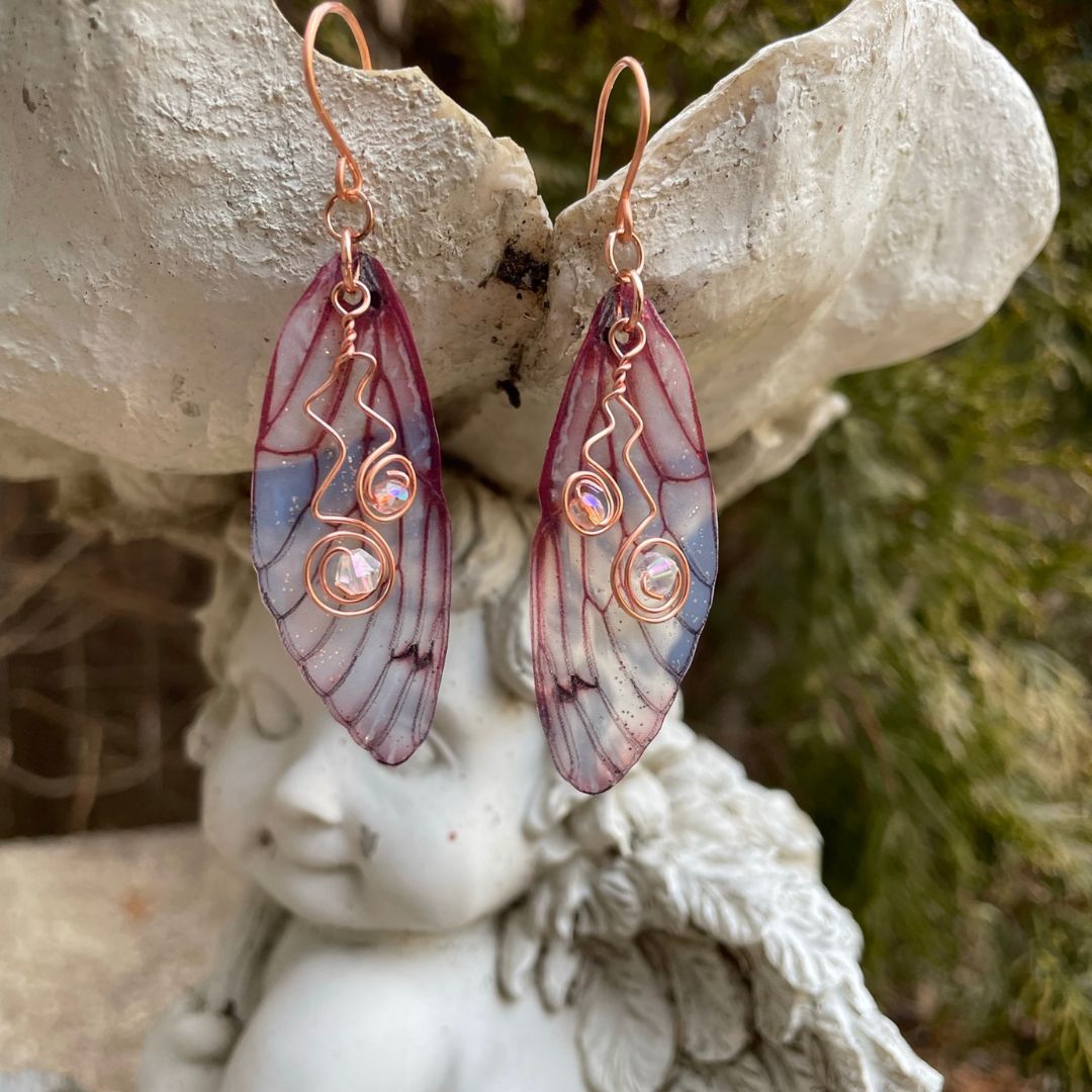 pink translucent cicada wing earrings with copper wired crystals