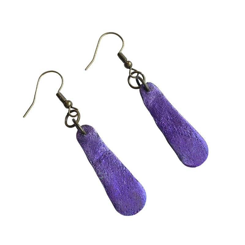 Back of long teadrop purple floral earrings