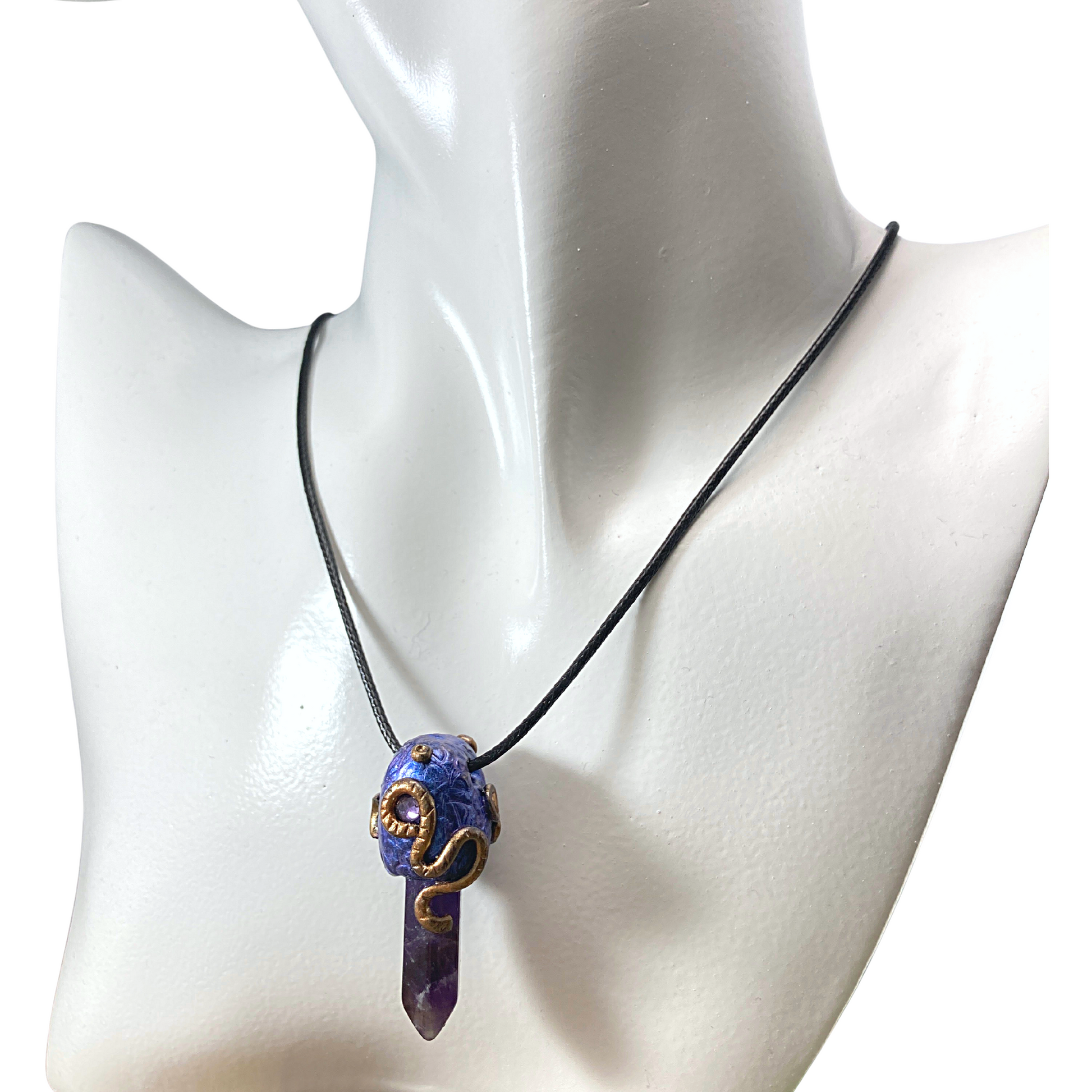 Amethyst Crystal point necklace with purple polymer clay bail with snake design