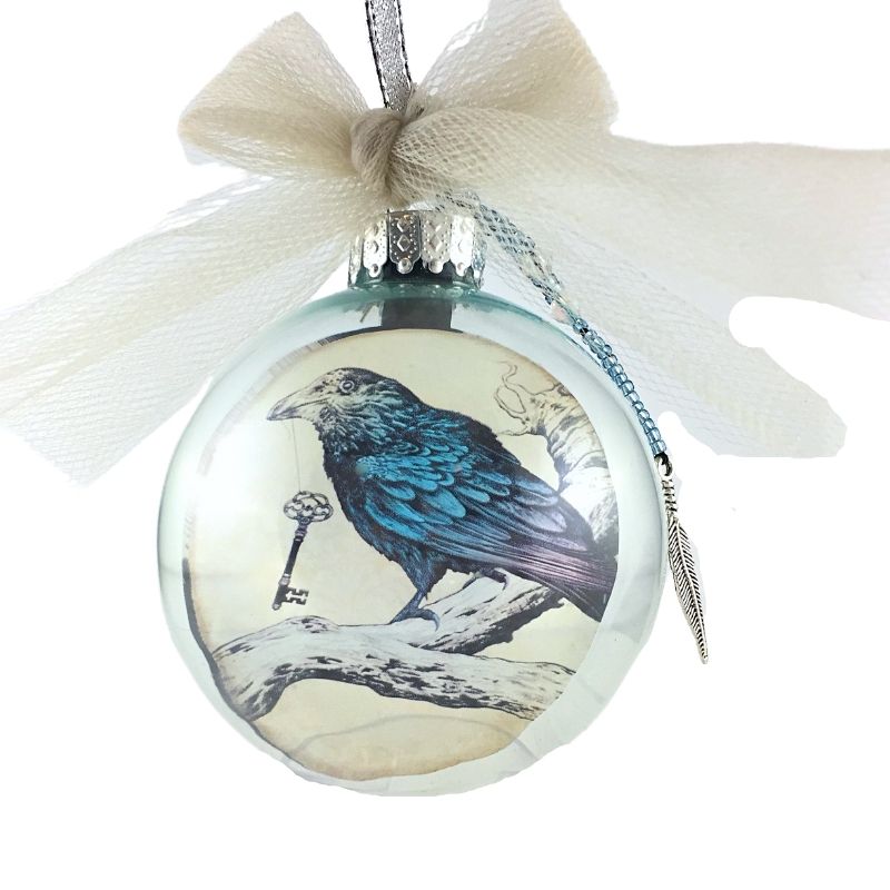 Blue raven ornament with beaded feather charm