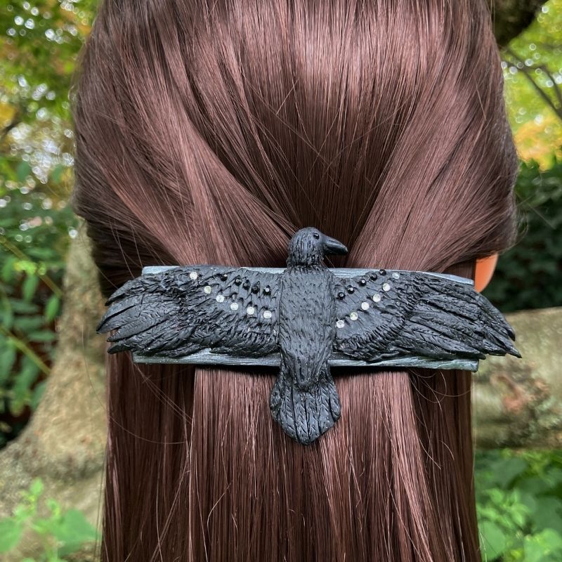 raven totem hair clip on model make with black clay and crystals