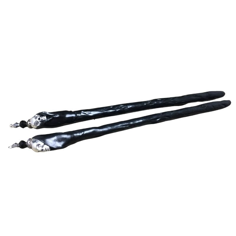 reaper hair sticks black with silver skulls and crystals
