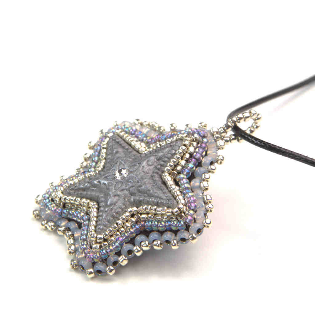 silver star pendant crystal center grey iridescent beaded art