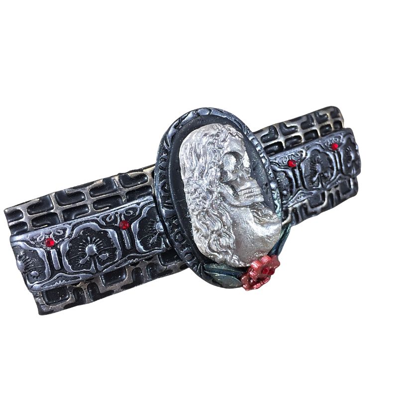 silver skeleton cameo polymer clay hair barrette with red flowers and red crystals with a black textured base highlighted silver.