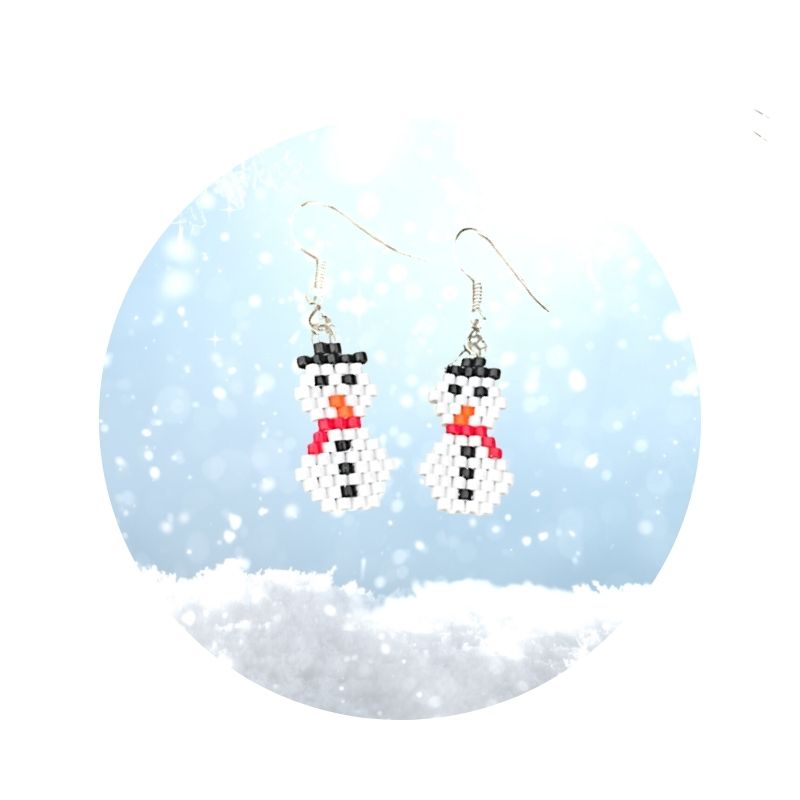 Seed beaded snowman earrings with black hat, red scarf and black buttons