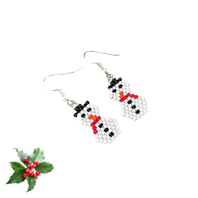 White seed beaded snowmen earrings with red scarf and orange carrot nose
