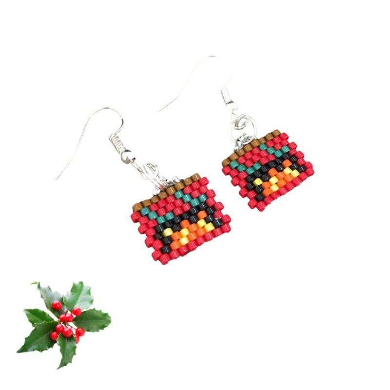 Seed bead red fireplace with green stockings earrings