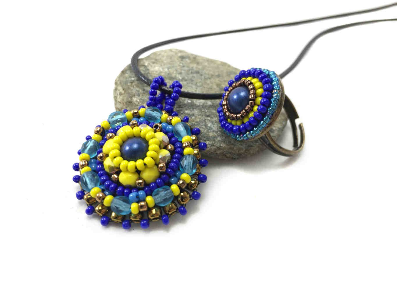 Mandala pendant and ring set in blue and yellow sun saluation 3