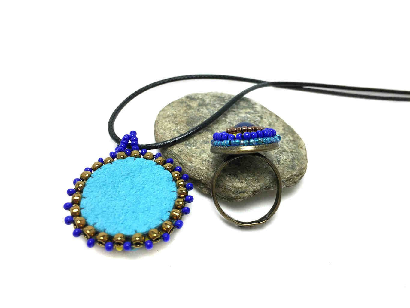 Mandala pendant and ring set in blue and yellow sun saluation