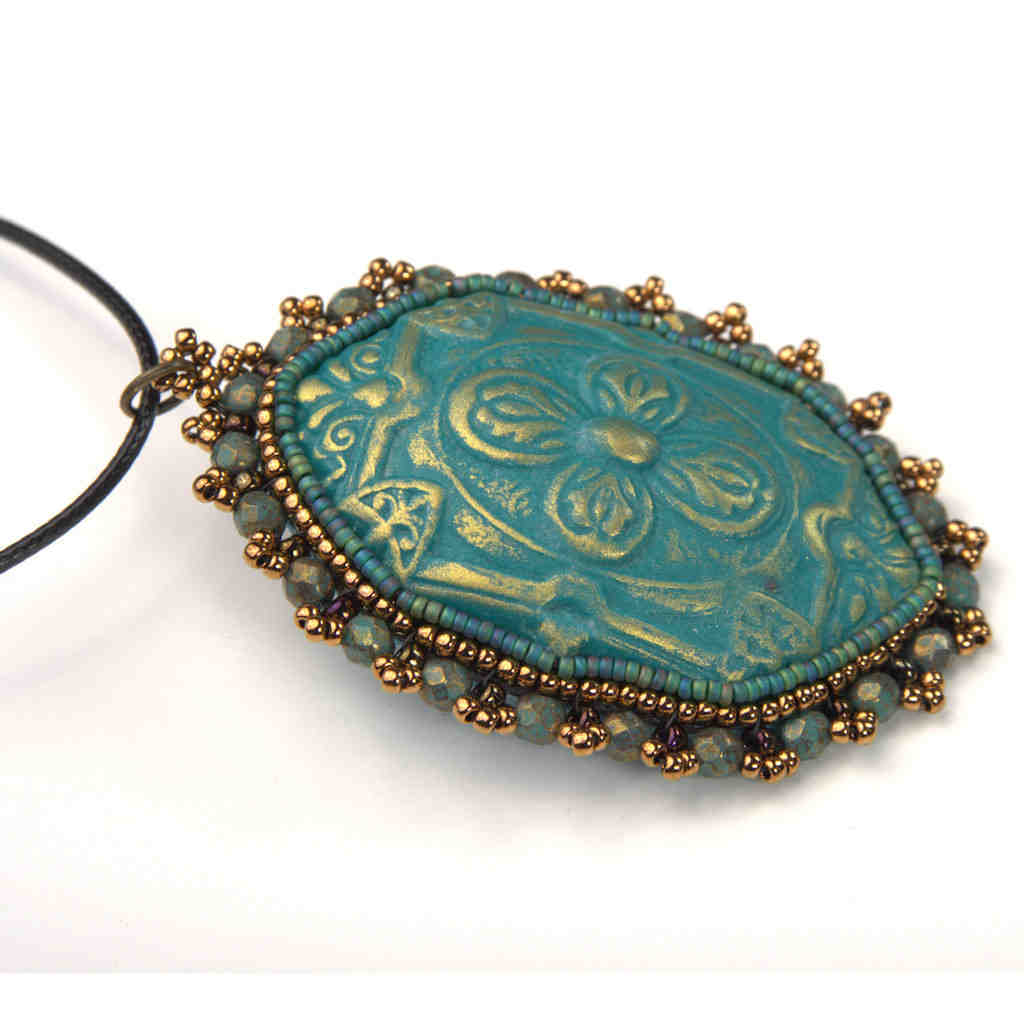 teal and gold oval clay beaded art statement pendant