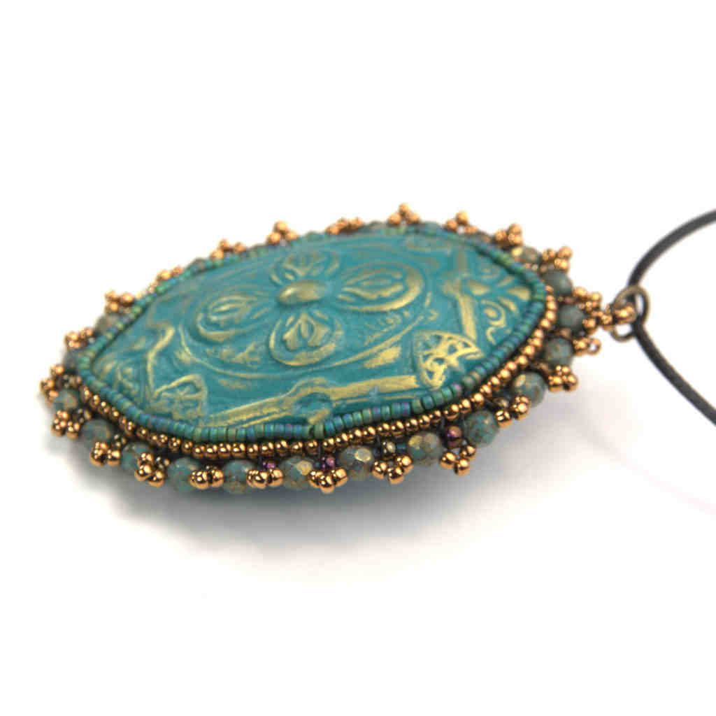 teal and gold oval clay beaded art statement pendant