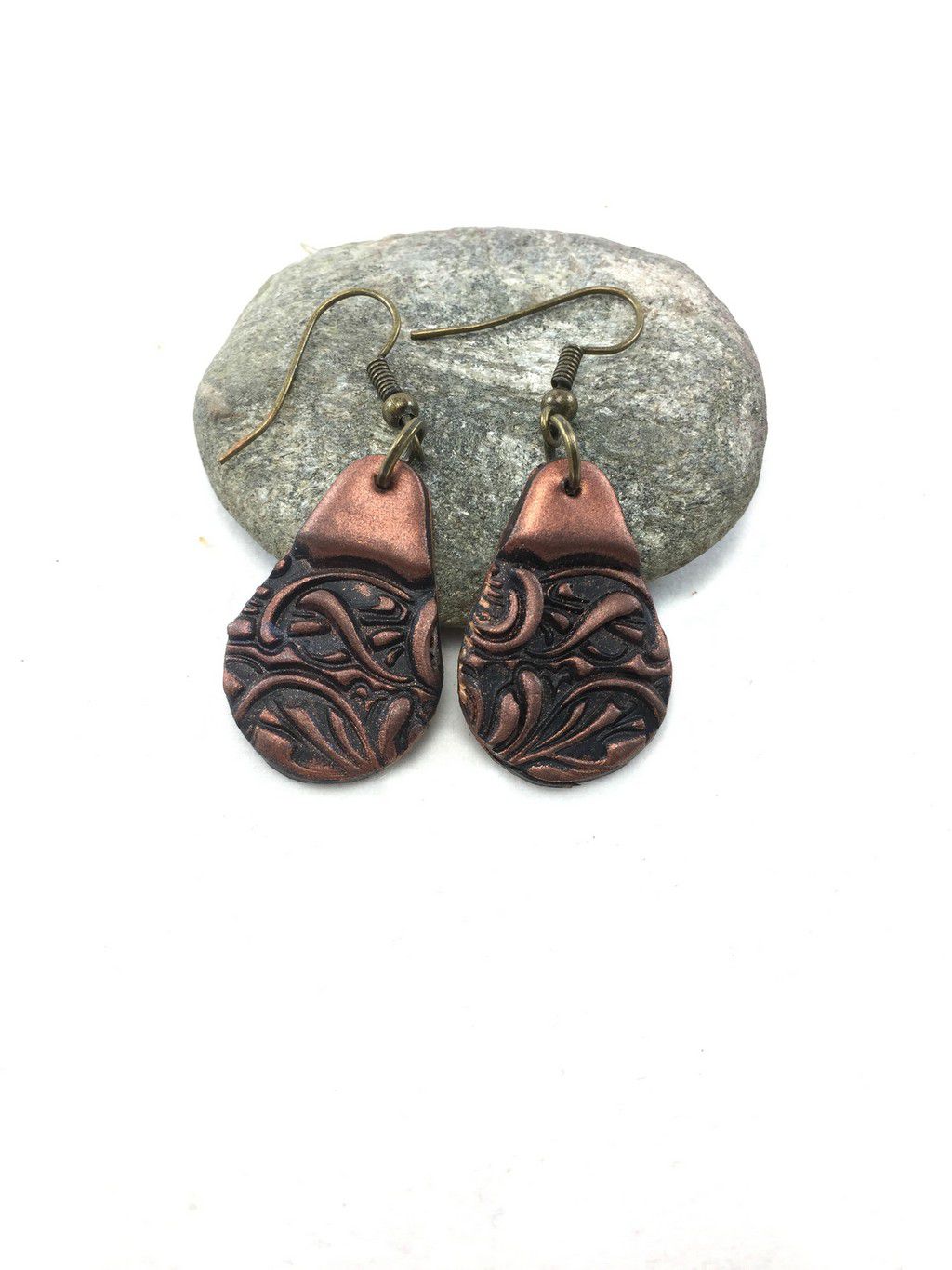 copper and black modern unique teardrop clay earings