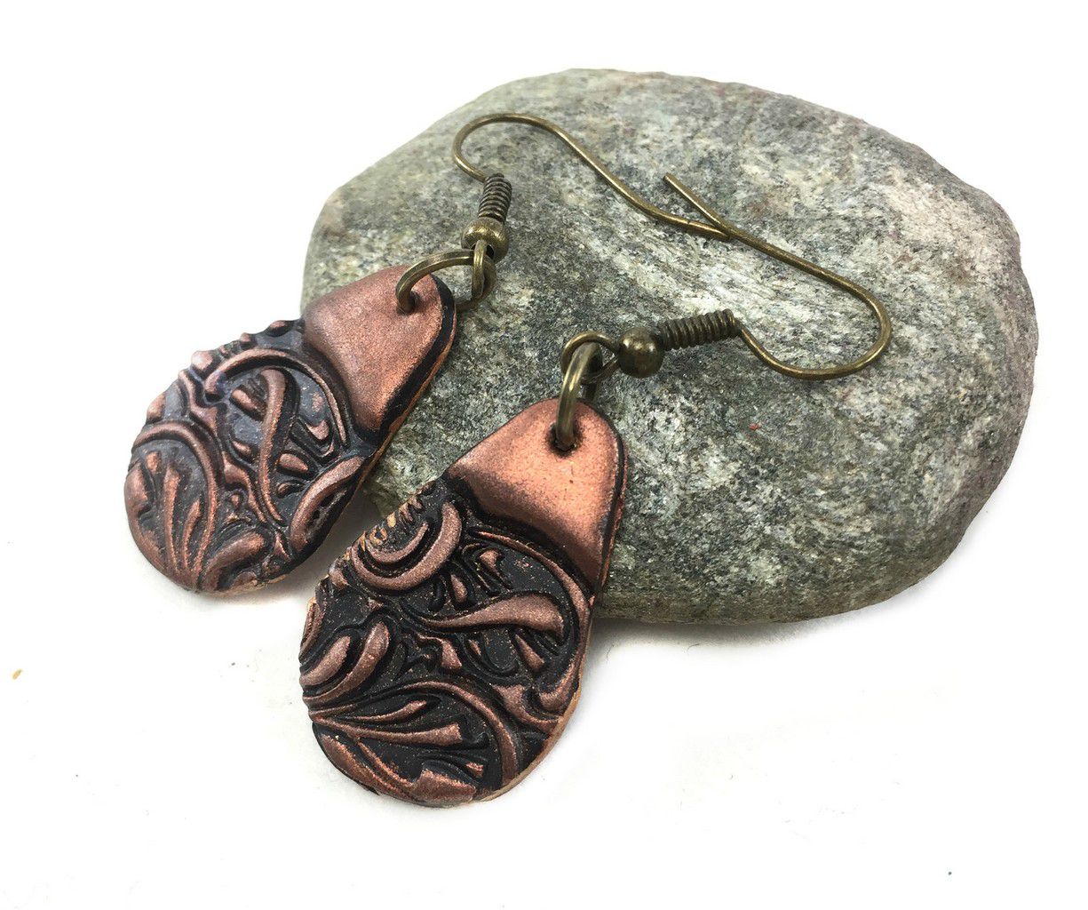 copper and black modern unique teardrop clay earings