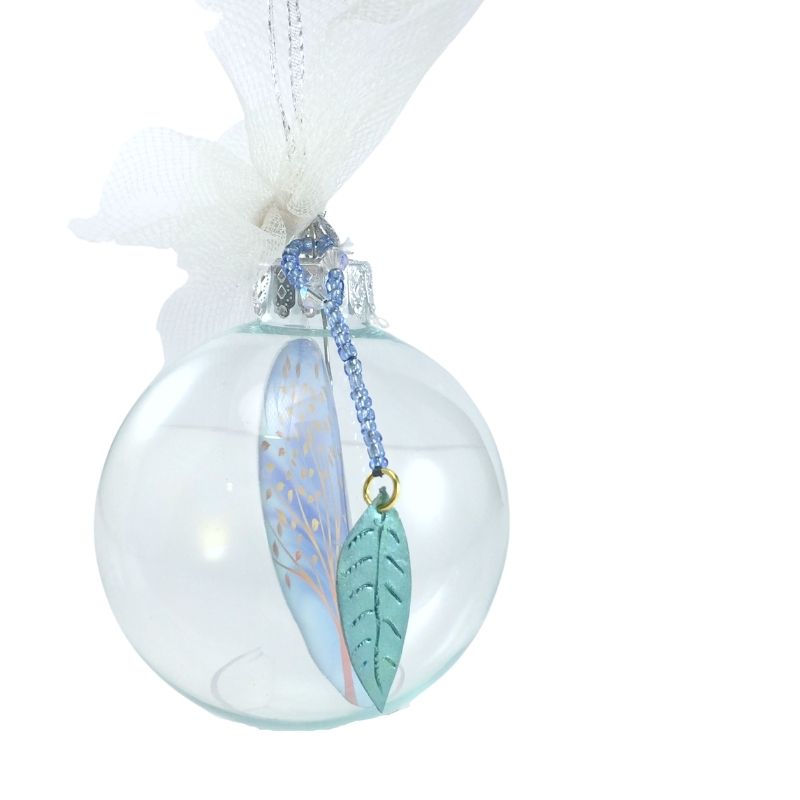 side view of tree of life ball ornament with leaf charm